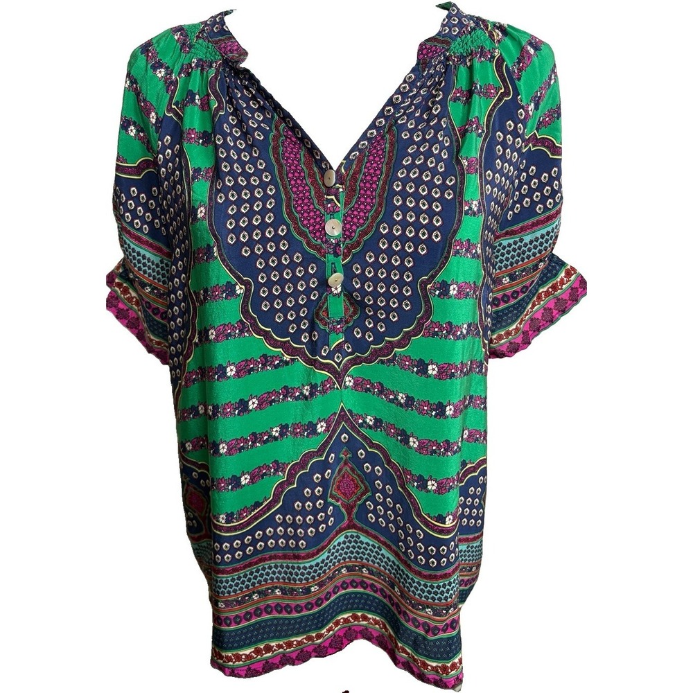 100% Silk Floral Paisley Top Boho Ruffle Sleeve Womens Small Green